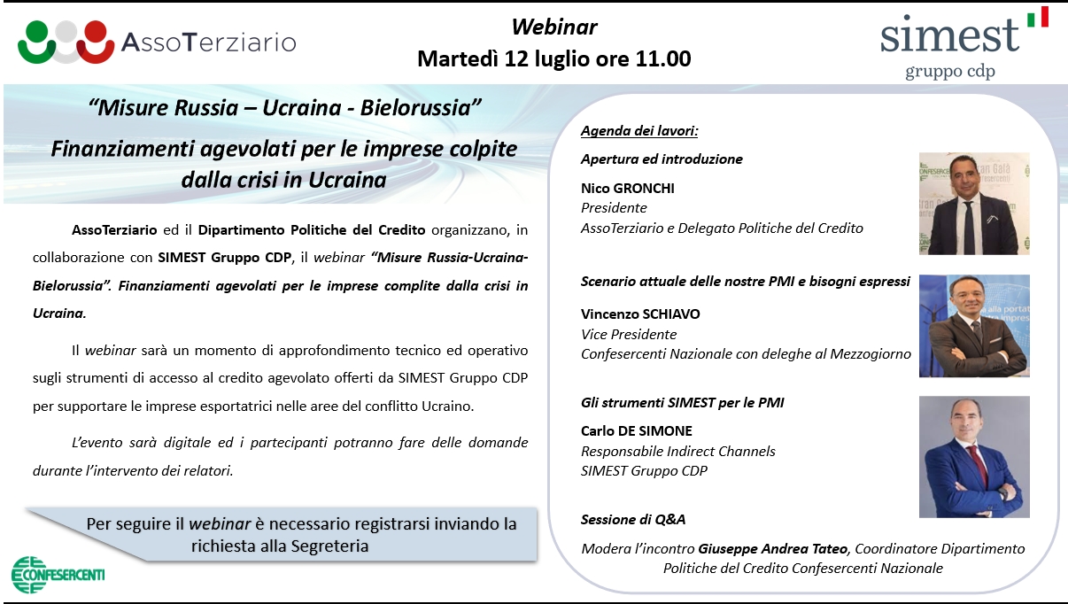 Assoterziario: webinar “Misure Russia – Ucraina – Bielorussia”. Finanziamenti agevolati per le imprese colpite dalla crisi in Ucraina