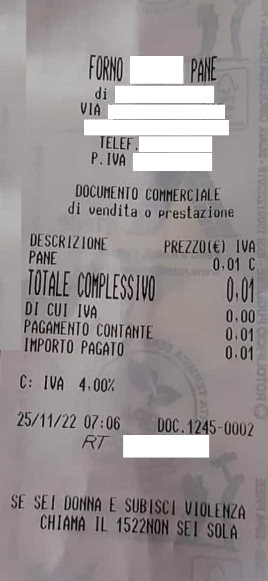 Mai più violenze sulle donne: Fiesa Assopanificatori Confesercenti, da oggi il 1522 sugli scontrini dei clienti dei forni